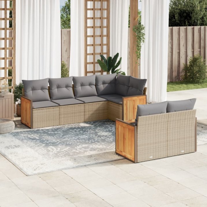 7-tlg. Garten-Sofagarnitur mit Kissen Schwarz Poly Rattan