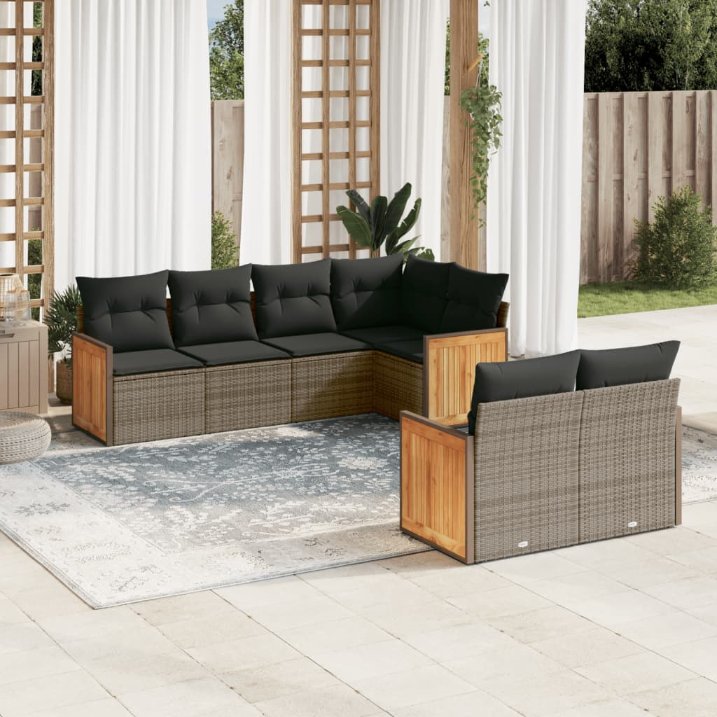7-tlg. Garten-Sofagarnitur mit Kissen Schwarz Poly Rattan
