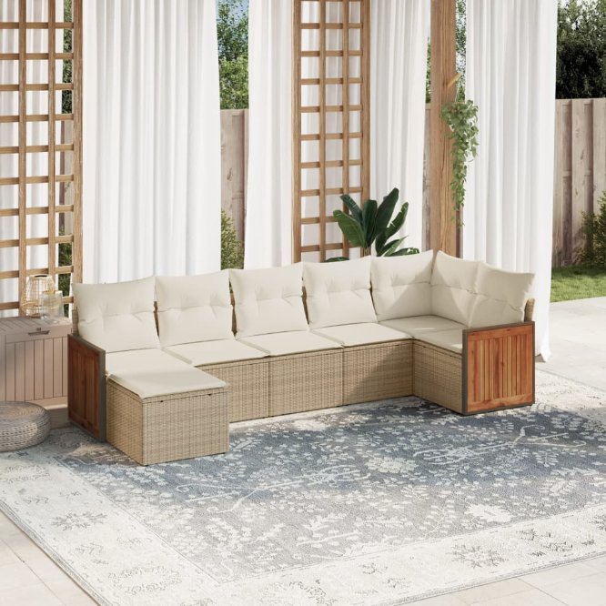 7-tlg. Garten-Sofagarnitur mit Kissen Schwarz Poly Rattan