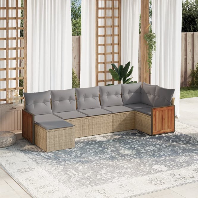 7-tlg. Garten-Sofagarnitur mit Kissen Schwarz Poly Rattan