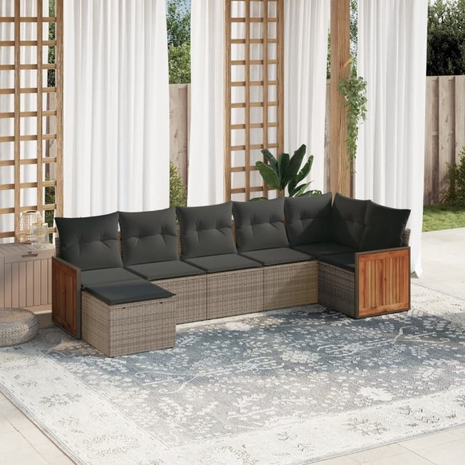 7-tlg. Garten-Sofagarnitur mit Kissen Schwarz Poly Rattan