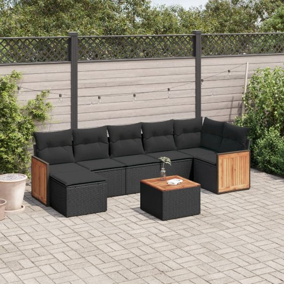 7-tlg. Garten-Sofagarnitur mit Kissen Schwarz Poly Rattan