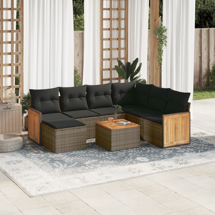 7-tlg. Garten-Sofagarnitur mit Kissen Schwarz Poly Rattan