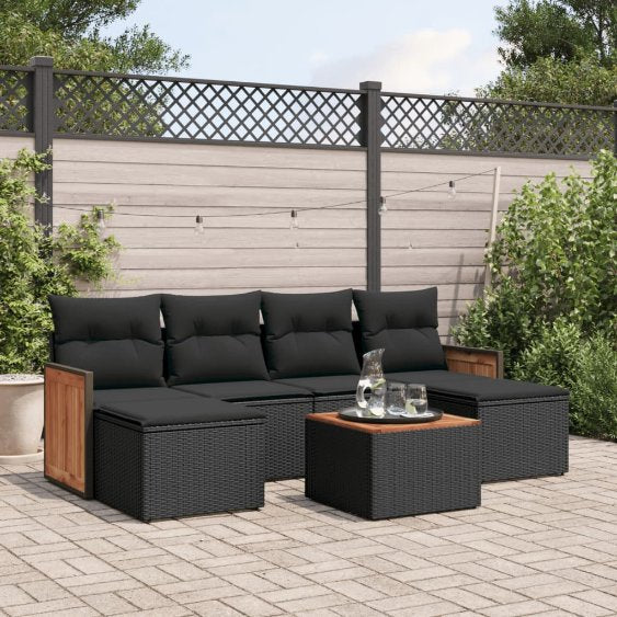 6-tlg. Garten-Sofagarnitur mit Kissen Schwarz Poly Rattan