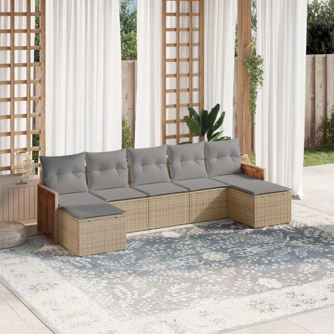 7-tlg. Garten-Sofagarnitur mit Kissen Schwarz Poly Rattan