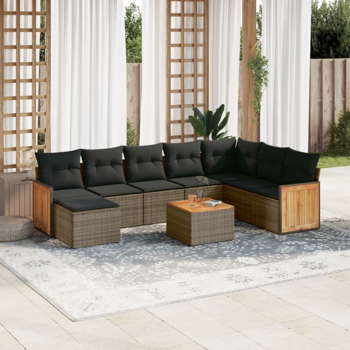 8-tlg. Garten-Sofagarnitur mit Kissen Schwarz Poly Rattan