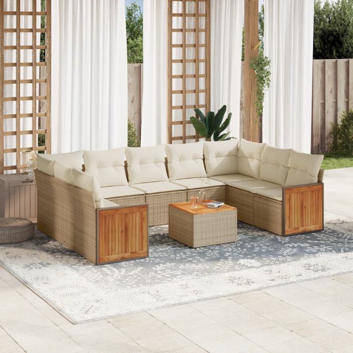 9-tlg. Garten-Sofagarnitur mit Kissen Schwarz Poly Rattan
