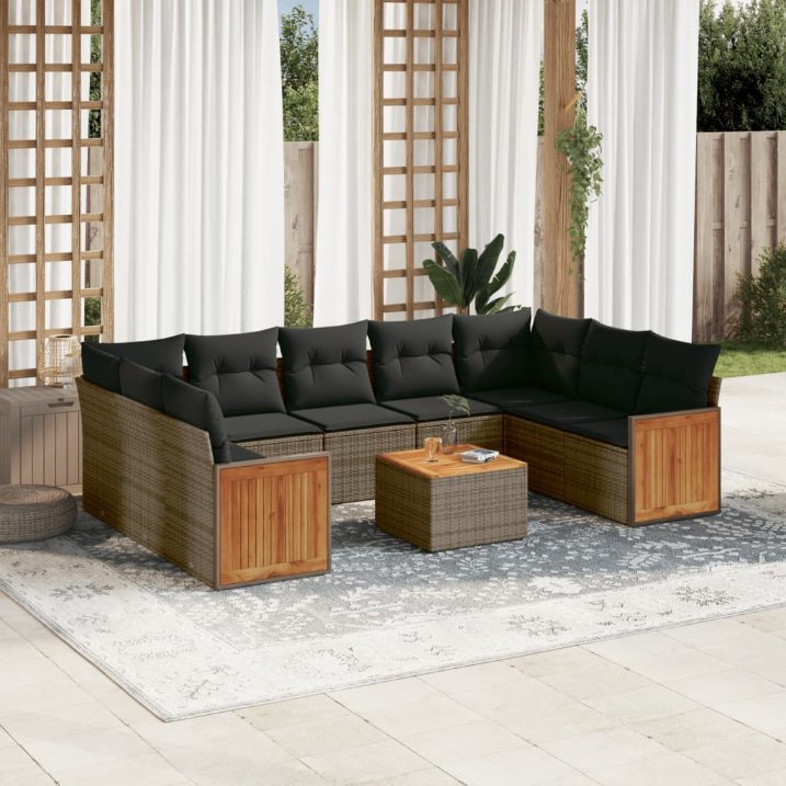 9-tlg. Garten-Sofagarnitur mit Kissen Schwarz Poly Rattan