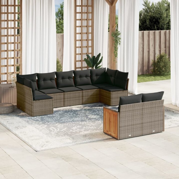 9-tlg. Garten-Sofagarnitur mit Kissen Schwarz Poly Rattan