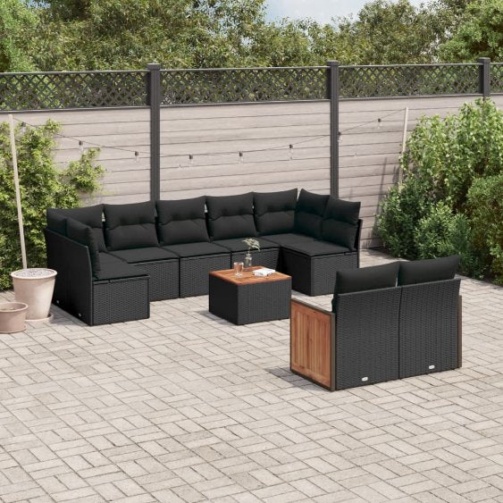 9-tlg. Garten-Sofagarnitur mit Kissen Schwarz Poly Rattan