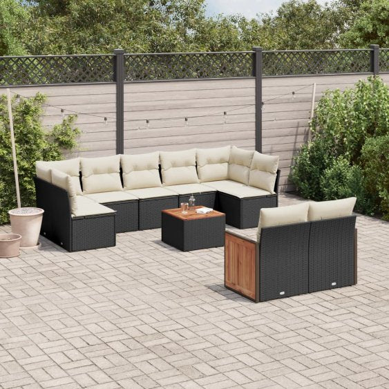 9-tlg. Garten-Sofagarnitur mit Kissen Schwarz Poly Rattan