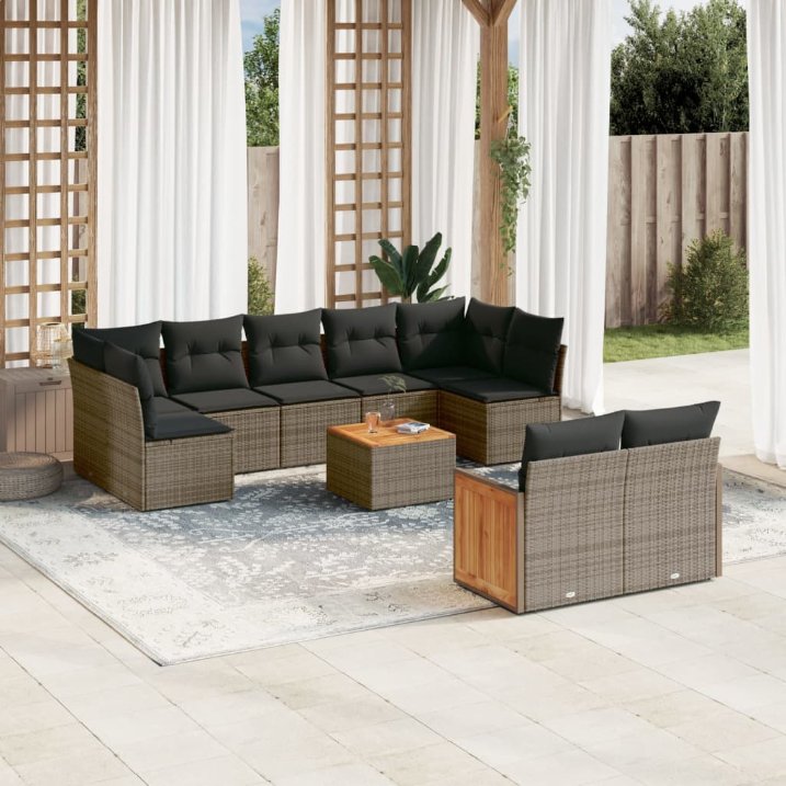 9-tlg. Garten-Sofagarnitur mit Kissen Schwarz Poly Rattan