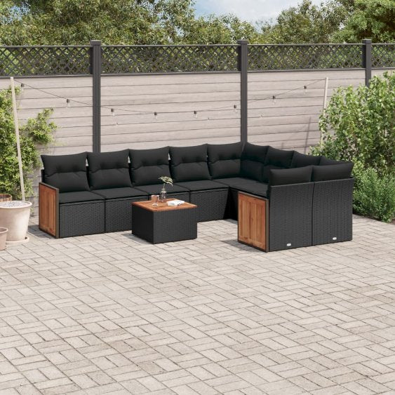 9-tlg. Garten-Sofagarnitur mit Kissen Schwarz Poly Rattan