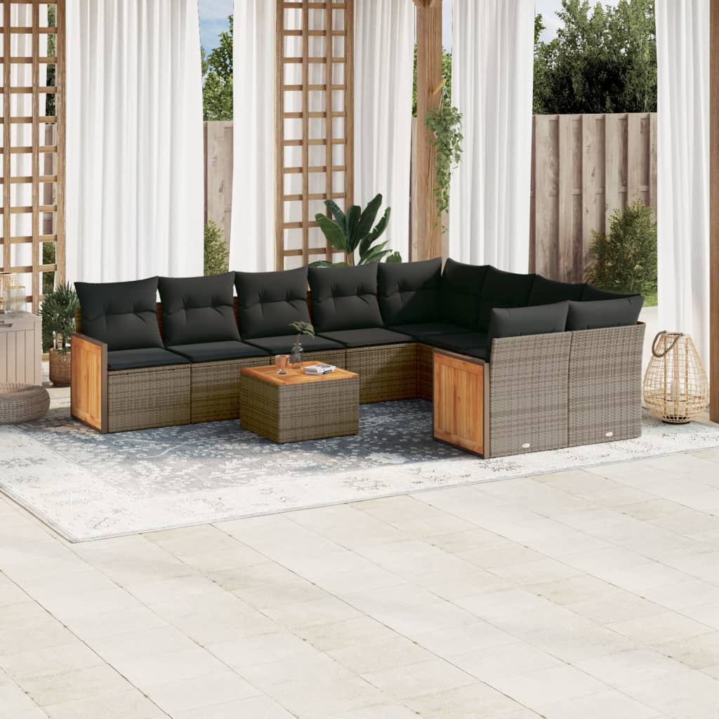 9-tlg. Garten-Sofagarnitur mit Kissen Schwarz Poly Rattan