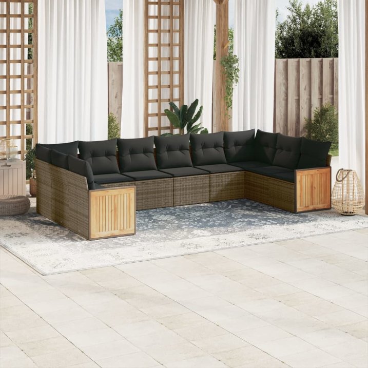 vidaXL 10-tlg. Garten-Sofagarnitur mit Kissen Schwarz Poly Rattan