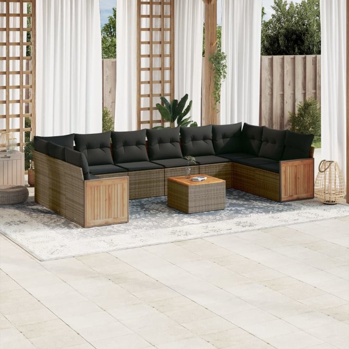 vidaXL 10-tlg. Garten-Sofagarnitur mit Kissen Schwarz Poly Rattan