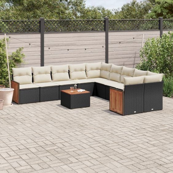 vidaXL 10-tlg. Garten-Sofagarnitur mit Kissen Schwarz Poly Rattan