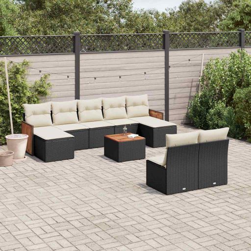 9-tlg. Garten-Sofagarnitur mit Kissen Schwarz Poly Rattan