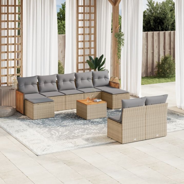 9-tlg. Garten-Sofagarnitur mit Kissen Schwarz Poly Rattan
