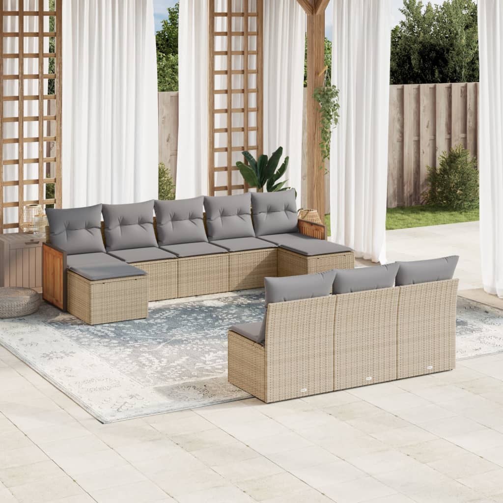vidaXL 10-tlg. Garten-Sofagarnitur mit Kissen Schwarz Poly Rattan