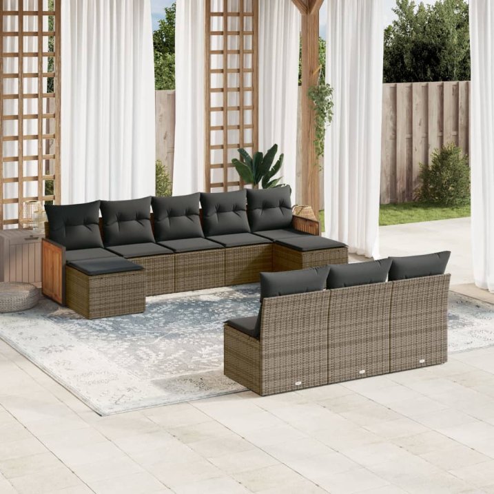 vidaXL 10-tlg. Garten-Sofagarnitur mit Kissen Schwarz Poly Rattan