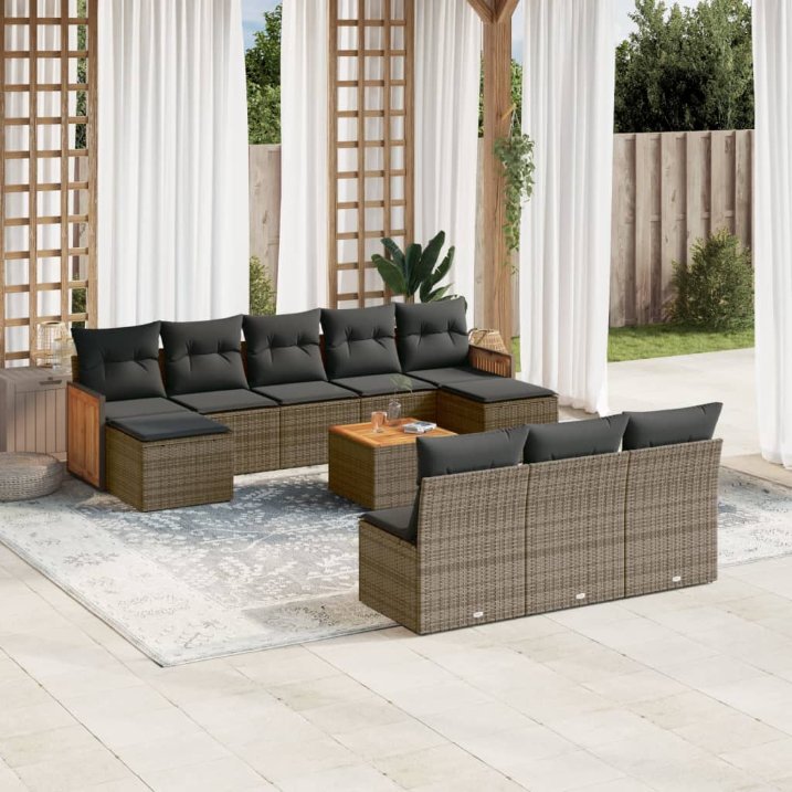 vidaXL 10-tlg. Garten-Sofagarnitur mit Kissen Schwarz Poly Rattan