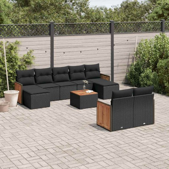 9-tlg. Garten-Sofagarnitur mit Kissen Schwarz Poly Rattan