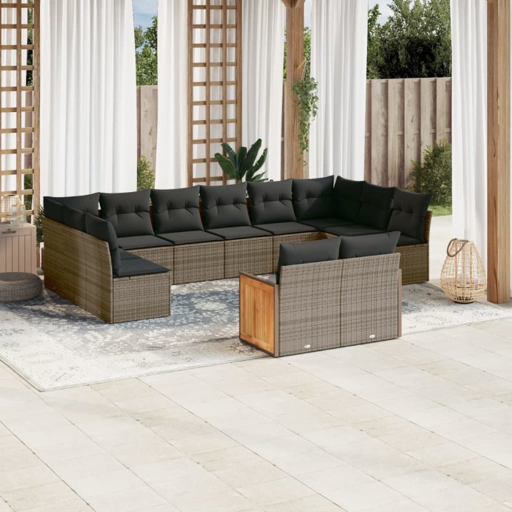 12-tlg. Garten-Sofagarnitur mit Kissen Schwarz Poly Rattan