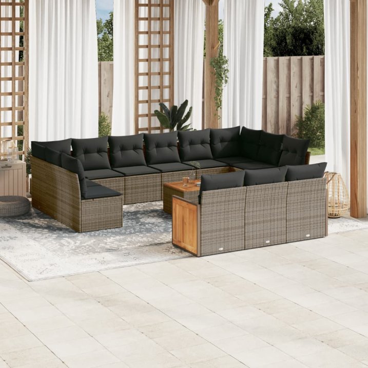 13-tlg. Garten-Sofagarnitur mit Kissen Schwarz Poly Rattan