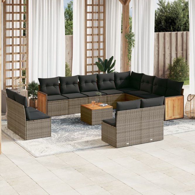 12-tlg. Garten-Sofagarnitur mit Kissen Schwarz Poly Rattan
