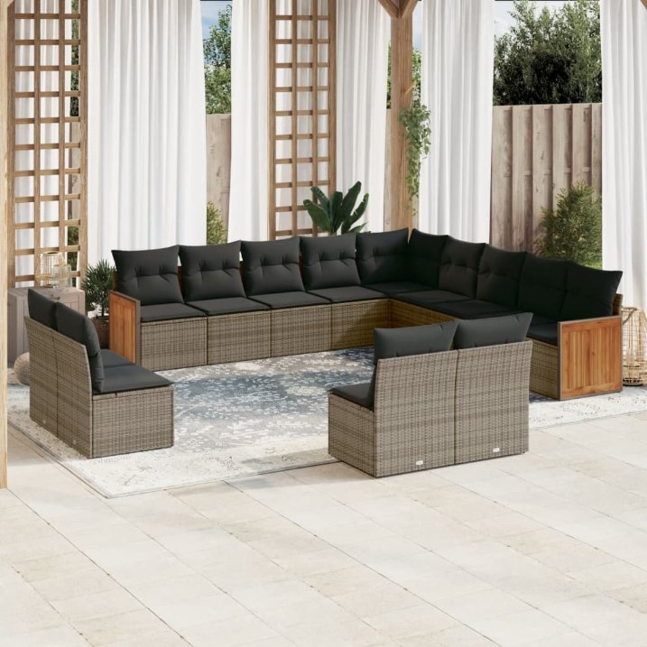 13-tlg. Garten-Sofagarnitur mit Kissen Schwarz Poly Rattan