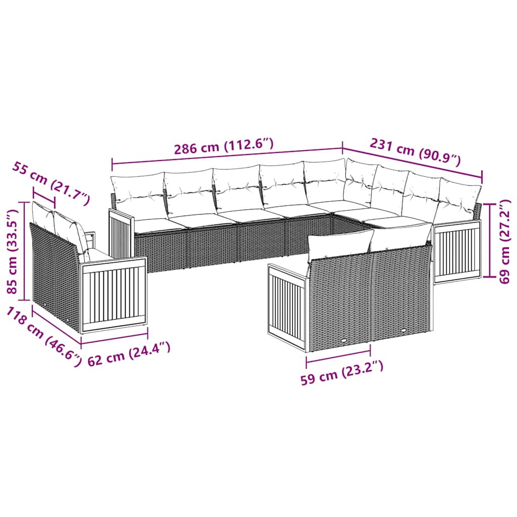 12-tlg. Garten-Sofagarnitur mit Kissen Schwarz Poly Rattan