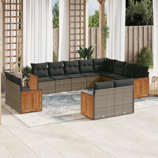 12-tlg. Garten-Sofagarnitur mit Kissen Schwarz Poly Rattan