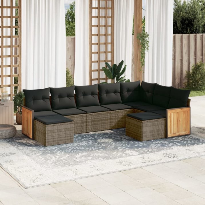 9-tlg. Garten-Sofagarnitur mit Kissen Schwarz Poly Rattan