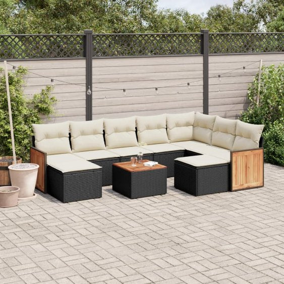 9-tlg. Garten-Sofagarnitur mit Kissen Schwarz Poly Rattan