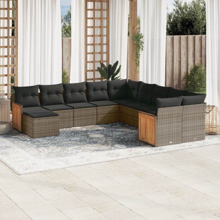 vidaXL 11-tlg. Garten-Sofagarnitur mit Kissen Schwarz Poly Rattan