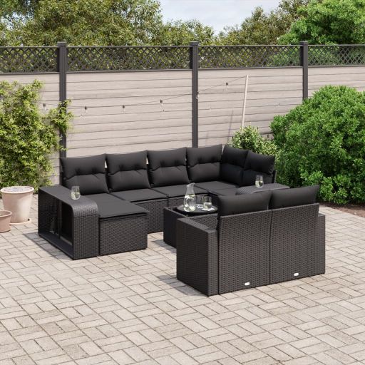 vidaXL 10-tlg. Garten-Sofagarnitur mit Kissen Schwarz Poly Rattan