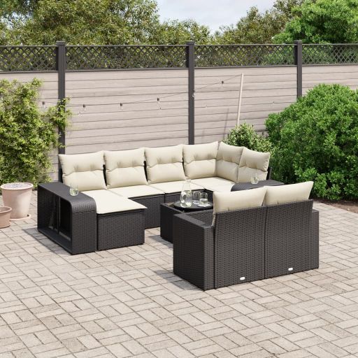 vidaXL 10-tlg. Garten-Sofagarnitur mit Kissen Schwarz Poly Rattan