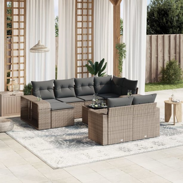 vidaXL 10-tlg. Garten-Sofagarnitur mit Kissen Schwarz Poly Rattan