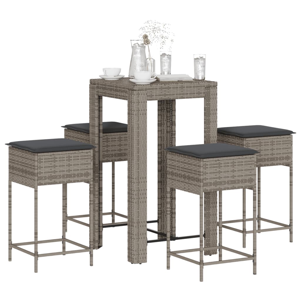 3-tlg. Gartenbar-Set mit Kissen Grau Poly Rattan