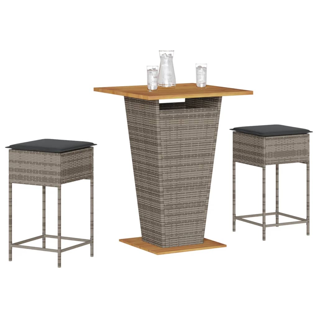 3-tlg. Gartenbar-Set mit Kissen Schwarz Poly Rattan