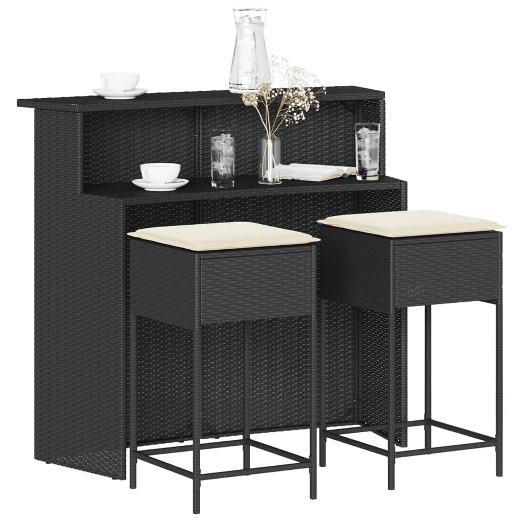 3-tlg. Gartenbar-Set mit Kissen Schwarz Poly Rattan