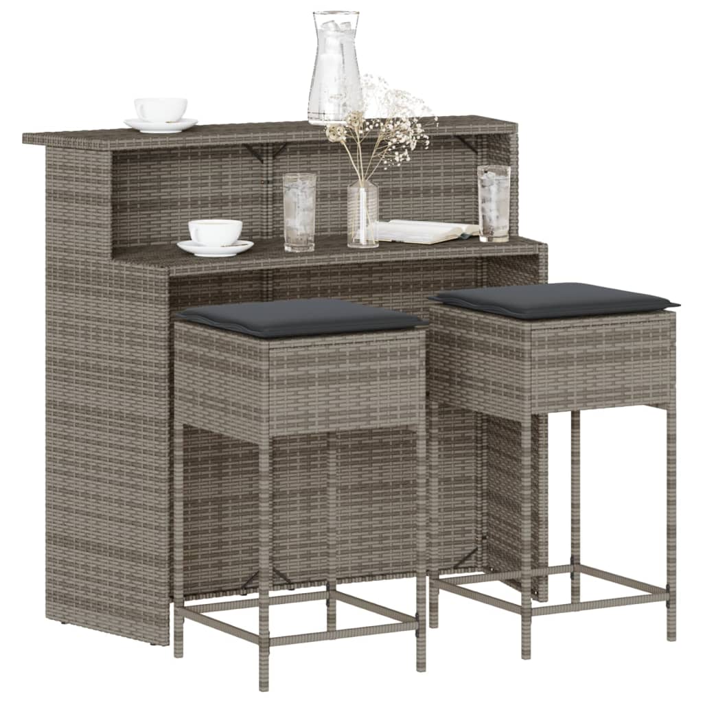 3-tlg. Gartenbar-Set mit Kissen Schwarz Poly Rattan