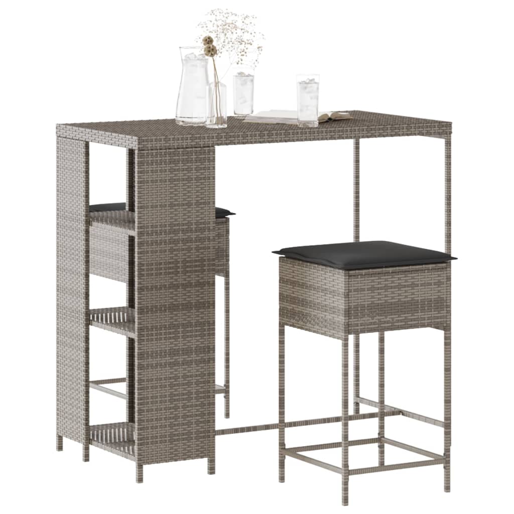 3-tlg. Gartenbar-Set mit Kissen Schwarz Poly Rattan