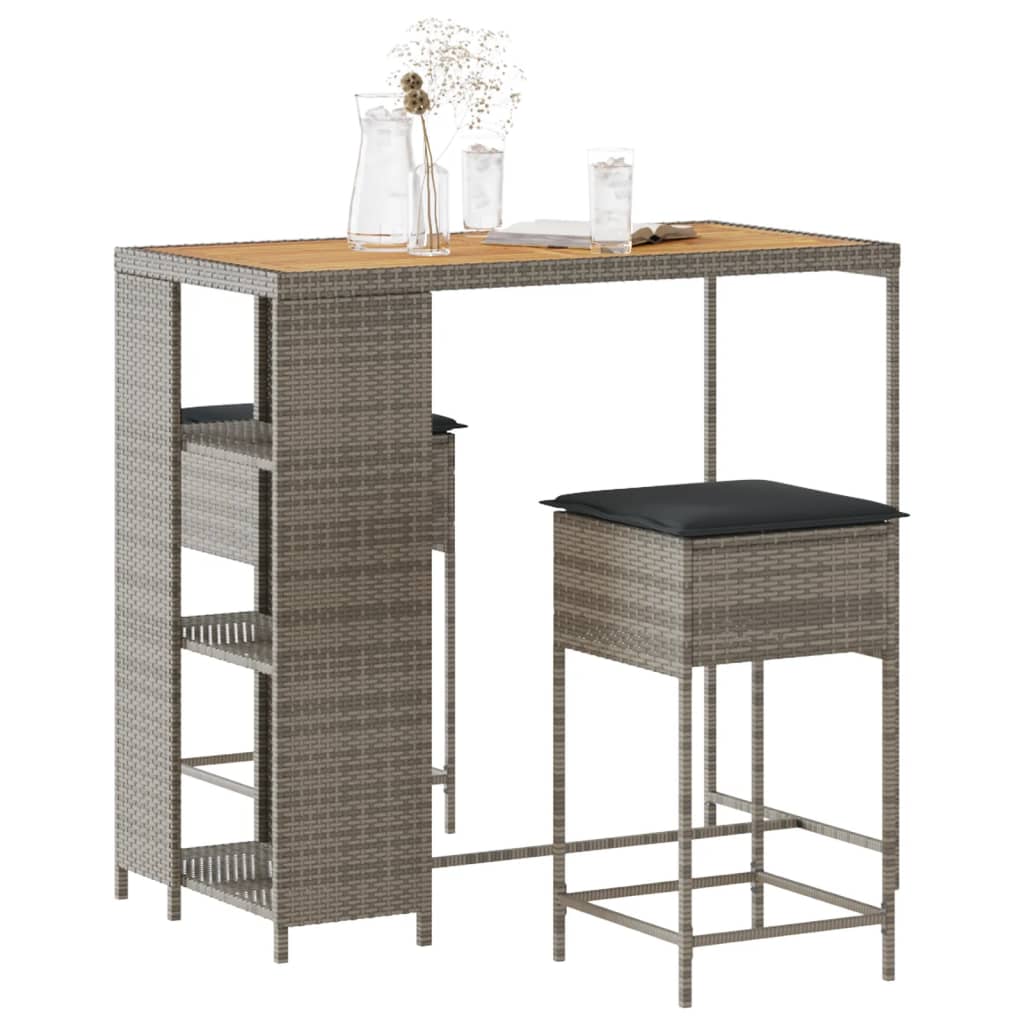 3-tlg. Gartenbar-Set mit Kissen Schwarz Poly Rattan