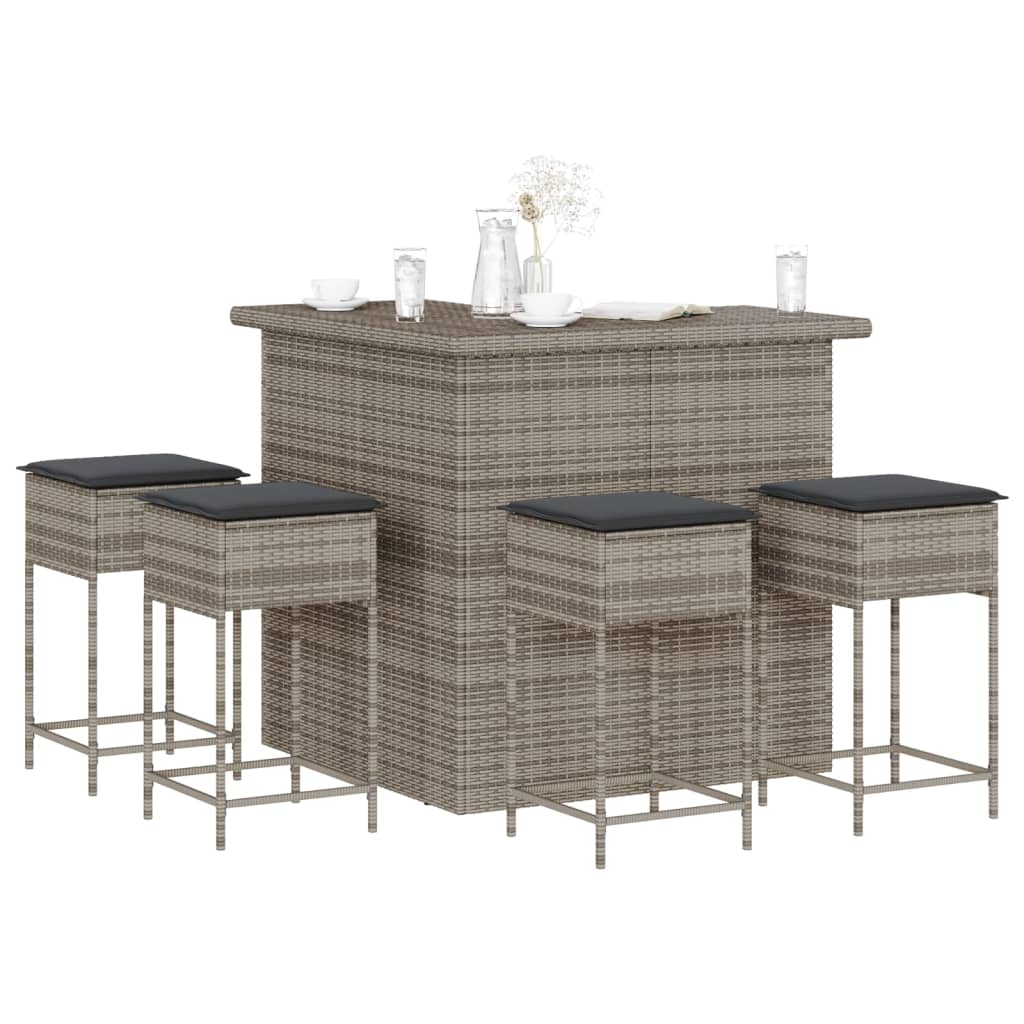 3-tlg. Gartenbar-Set mit Kissen Grau Poly Rattan