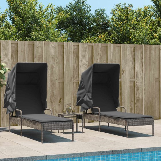 vidaXL Sonnenliegen 2 Stk. mit Dach und Tisch Schwarz Poly-Rattan