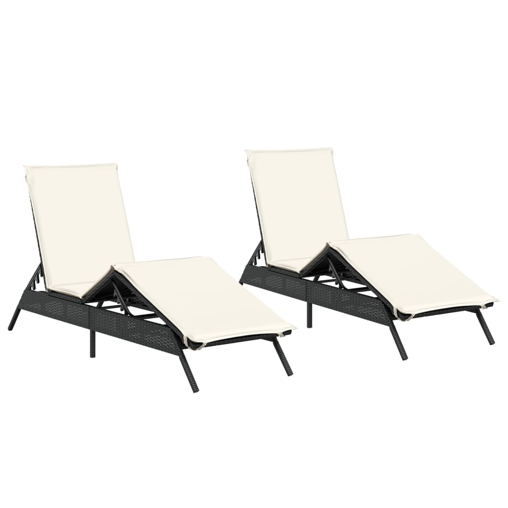 vidaXL Sonnenliegen mit Auflagen 2 Stk. Schwarz Poly Rattan
