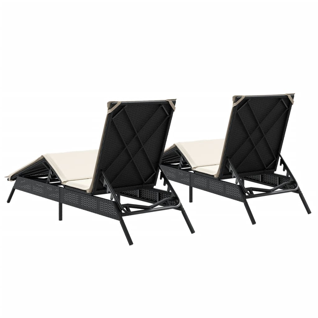 vidaXL Sonnenliegen mit Auflagen 2 Stk. Schwarz Poly Rattan