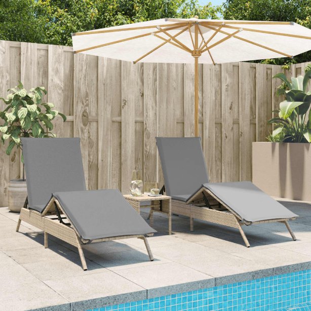 vidaXL Sonnenliegen mit Auflagen 2 Stk. Schwarz Poly Rattan